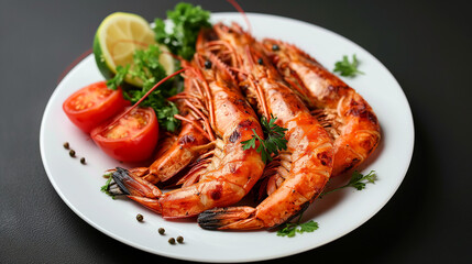 A plate of grilled shrimp garnished with herbs and tomatoes, ready to be served.