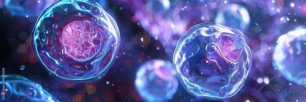 Leinwandbilder close-up view revealing cellular structures containing nuclei and intricate dna strands, featuring v