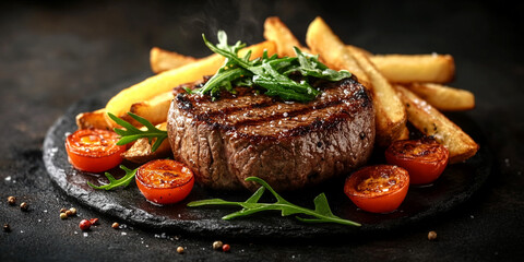 beef steak served with golden, crispy French fries on a rustic wooden table. The juicy steak's rich, smoky flavor is complemented by the crisp texture of the fries