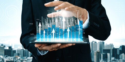 Double Exposure Image of Business and Finance - Businessman with report chart up forward to...