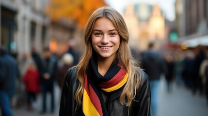 German young smiling girl with Germany flag on the city street, Berlin, red, yellow, black colors, national symbol of the country, student, teenager, tourist, person, people, background, architecture
