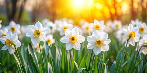 Fototapeta premium White daffodils blooming in a spring garden, spring, flowers, white, daffodils, bloom, garden, nature, petals, plant, blossom