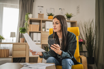 Worried adult woman think and calculate how to pay domestic finances