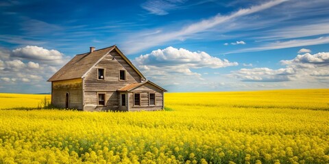 Abandoned farm house in field of yellow canola flowers , rural, isolated, countryside, dilapidated, rustic, agriculture, deserted