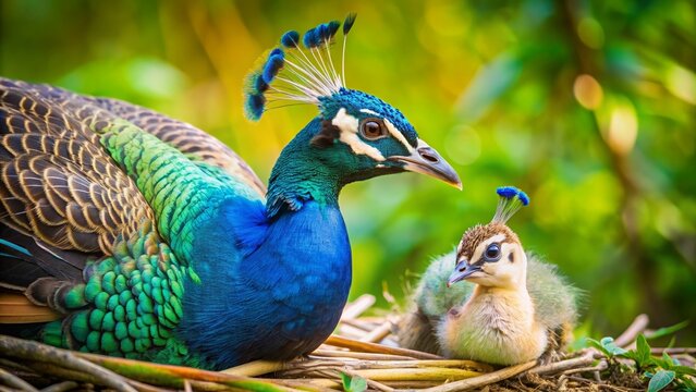 Beautiful peacock mother lovingly cares for her adorable little chick , peacock, mother, care, beautiful, feathers, bird