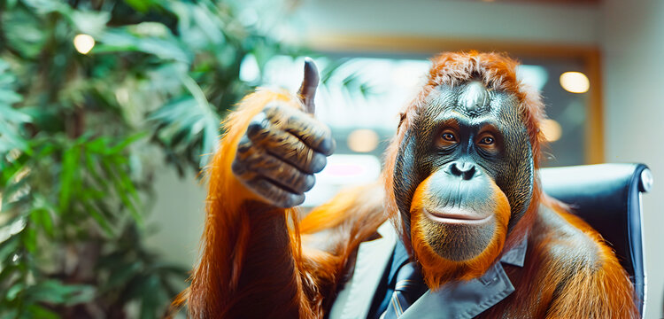 Orangutan businessman wearing a classic suit and tie giving a thumbs up gesture in an office setting  This conceptual anthropomorphic digital depicts a primate character in a professional