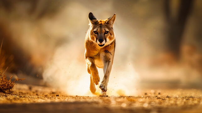 Thylacinus Tasmanian Tiger Sprinting Down Dirt Road with Dust Clouds Billowing in its Wake