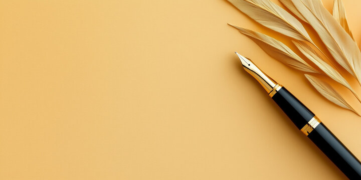 Black and gold pen with golden leaves on minimalist gold background, photorealistic, elegant.