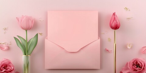 Obraz premium Pink envelope with tulips and roses on pink background, soft and romantic, photorealistic floral composition.
