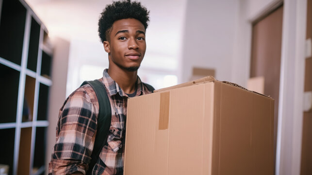 first-year student with a cardboard box moving into a dormitory, new apartment, rented housing, person, people, room, teenager, renovation, parcel, delivery, courier, freshman, african man, boy, guy
