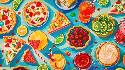 Papier peint photo  A festive assortment of desserts and drinks is laid out on a bright table, perfect for summer enjoyment  © A Denny Syahputra