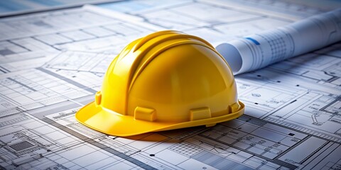 Hard hat resting on architectural drawings , hard hat, architect, construction, blueprint, plans, safety, design