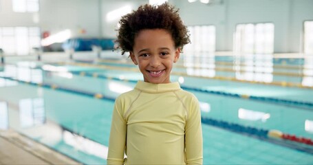 Swimming pool, boy and portrait of kids for learning, exercise and training together indoors. Water sports, happy child and ready for aqua school, health and wellness with skill improvement class