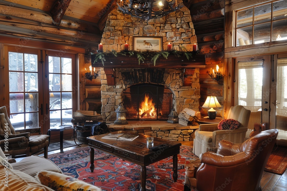 Aufkleber a roaring fireplace spreads warmth throughout a rustic living room, creating a sense of comfort on a