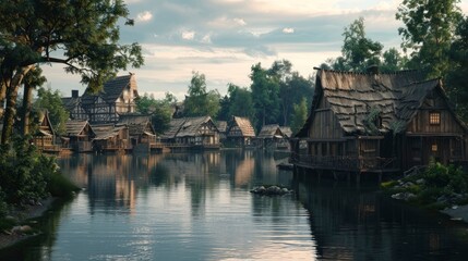 A picturesque village by a tranquil river with reflections of the houses.