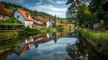 Fototapeta premium A picturesque village by a tranquil river with reflections of the houses.