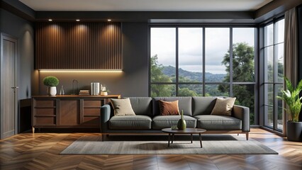 Dark and cozy home living room with a comfortable couch, elegant sideboard, and a large panoramic window