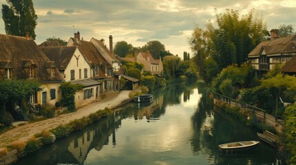 Obraz premium A picturesque village with charming houses by a calm river.