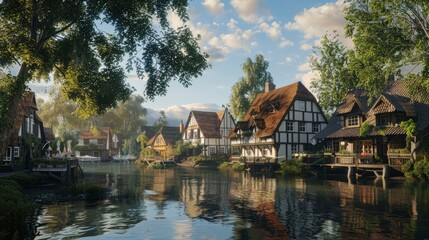 Obraz premium A picturesque village with charming houses by a calm river.