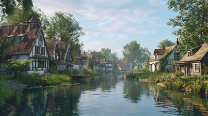 Obraz premium A picturesque village with charming houses by a calm river.