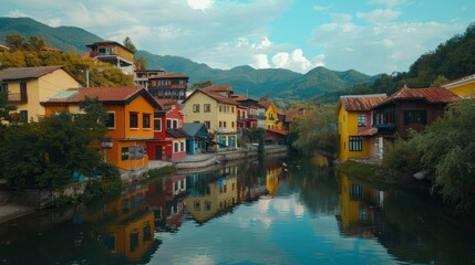 Fototapeta premium A picturesque village with colorful houses by a tranquil river.