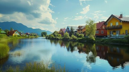 Fototapeta premium A picturesque village with colorful houses by a tranquil river.