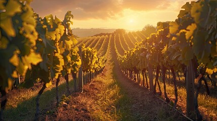 Obraz premium A picturesque vineyard with rows of grapevines and golden light.