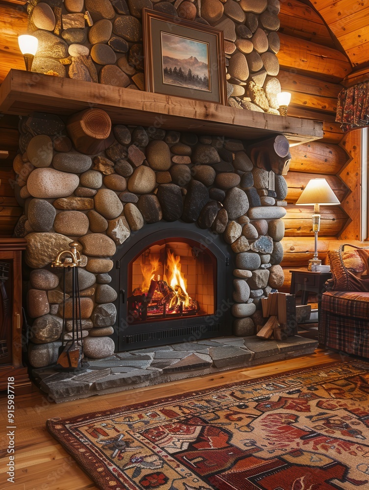 Poster the warmth of the roaring fireplace fills the rustic cabin, inviting relaxation and comfort in the g