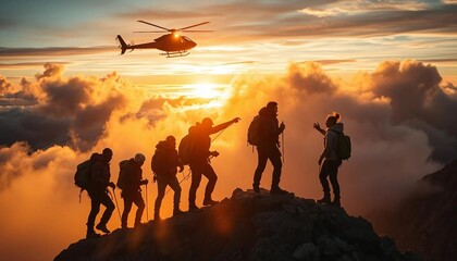 Fototapeta premium A group of climbers is stranded on a rocky mountain peak at sunset, golden light breaking through thick clouds as they signal for help. A rescue helicopter with flashing lights emerges from the mist, 