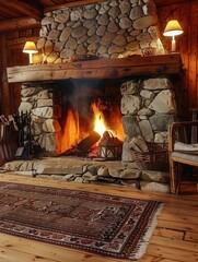 The fireplace crackles with warmth, illuminating the rustic wooden cabin and creating a feeling of comfort and safety during a chilly evening. Generative AI