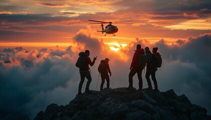 Fototapeta premium A group of climbers is stranded on a rocky mountain peak at sunset, golden light breaking through thick clouds as they signal for help. A rescue helicopter with flashing lights emerges from the mist, 