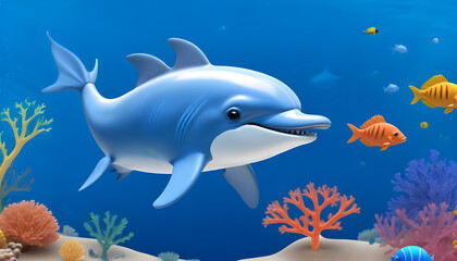 Fototapeta premium blue dolphin swimming in the ocean with colorful tropical fish and coral reefs in the background 6