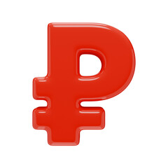 RUB. Russian ruble sign in red color isolated on a transparent background. 3d render of a glossy plastic ruble icon.