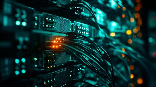 Cybersecurity on the Internet, a network of luminous servers and wires in a dark room.