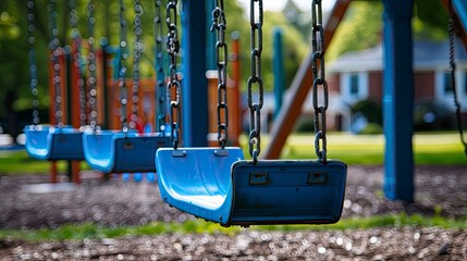 A playground swing set with bright blue swings.