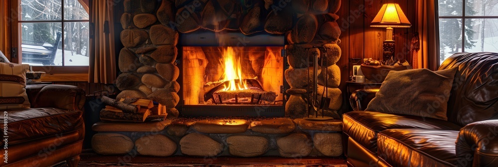 Poster a roaring fire fills the cabin with warmth, surrounded by comfortable seating and the glow of soft l