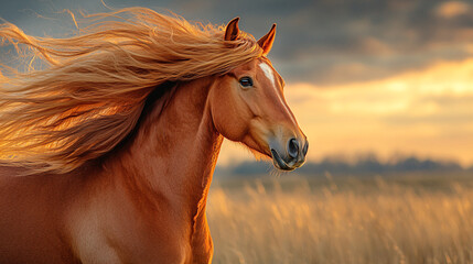 Obraz premium Majestic Horse with Flowing Mane in Softly Textured Stable Background - Serene Equine Beauty Close-up View with Copy Space