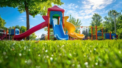 A playground with a brightly colored slide and green grass.