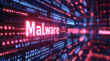 Cybersecurity Concept - Malware Text on Digital Matrix Background Creating a High-Tech Secure Atmosphere with Copy Space