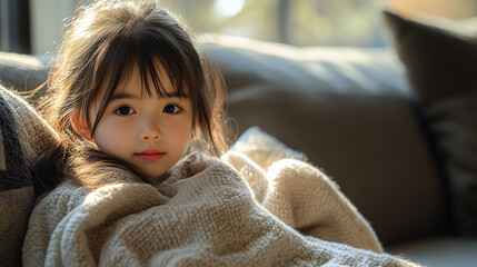 Tender Care and Comfort for Sick Asian Girl on Sofa - Warm Atmosphere with Copyspace