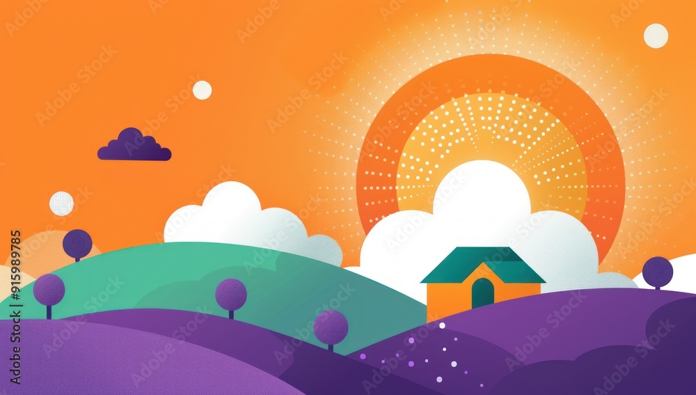 Wall mural Sunset Over Rolling Hills with a Tiny House