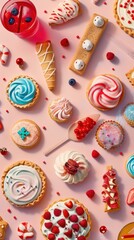 Fototapeta premium A vibrant display of various desserts includes cupcakes, candy, and treats perfect for any celebration