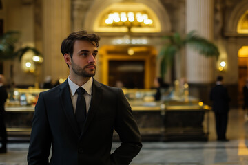 Fototapeta premium Man in suit looking away in grand building interior.