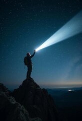 Fototapeta premium A solitary climber at a mountain summit holds a flashlight that pierces the darkness, illuminating the Milky Way and creating a striking silhouette against the cosmic backdrop.