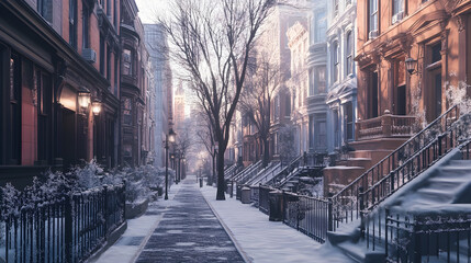 Brownstone buildings line a deserted Greenwich Village sidewalk in NYC. Generative AI