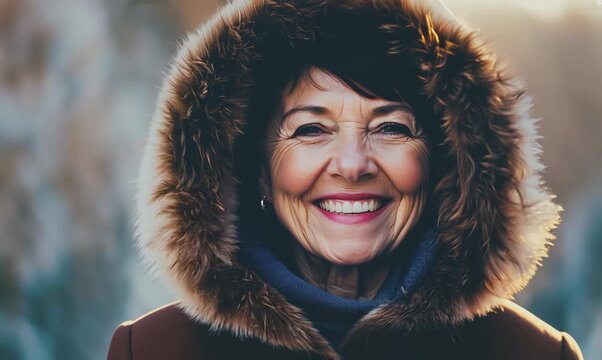 Portrait video of a happy Chinese woman in her 40s wearing a warm parka against an abstract background 