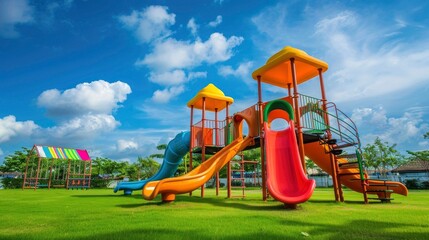 A playground with a colorful slide and a green field.