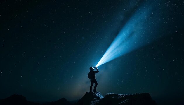 A solitary climber at a mountain summit holds a flashlight that pierces the darkness, illuminating the Milky Way and creating a striking silhouette against the cosmic backdrop.