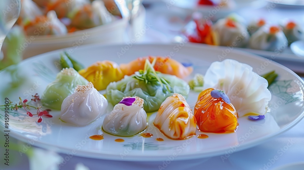 Wall mural a plate of elegantly arranged dim sum with colorful dumplings and artistic presentation