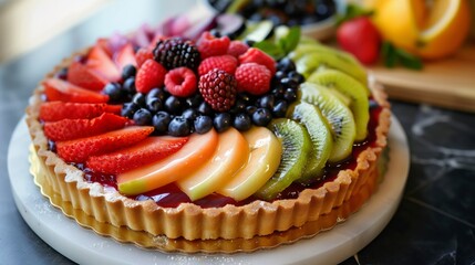 a meticulously arranged fruit tart with colorful berries and a glossy finish, looking like an edible masterpiece